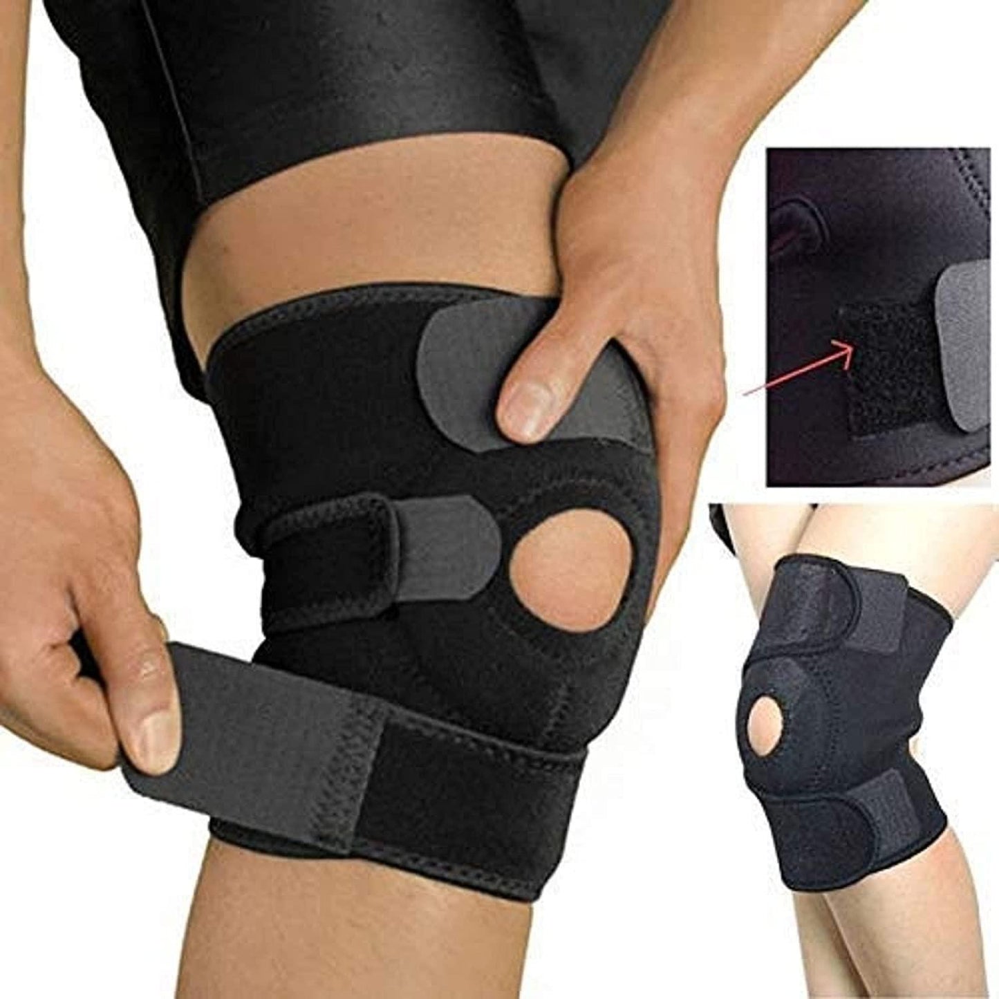 Black knee brace on a person's knee with close-up inset showing a detailed view.